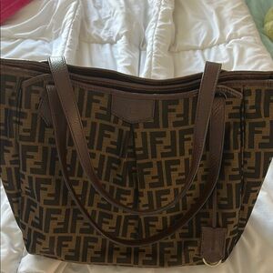 Fendi Brown FF Monogram Tote with Leather Trim